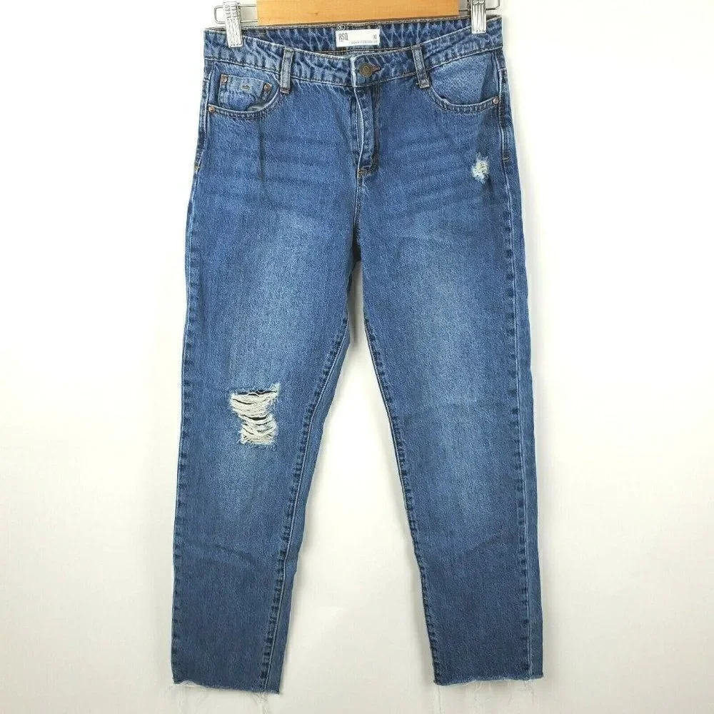 RSQ High Rise Straight Leg Juniors Size 16 Girls Medium Wash Jeans Distressed - Picture 1 of 5
